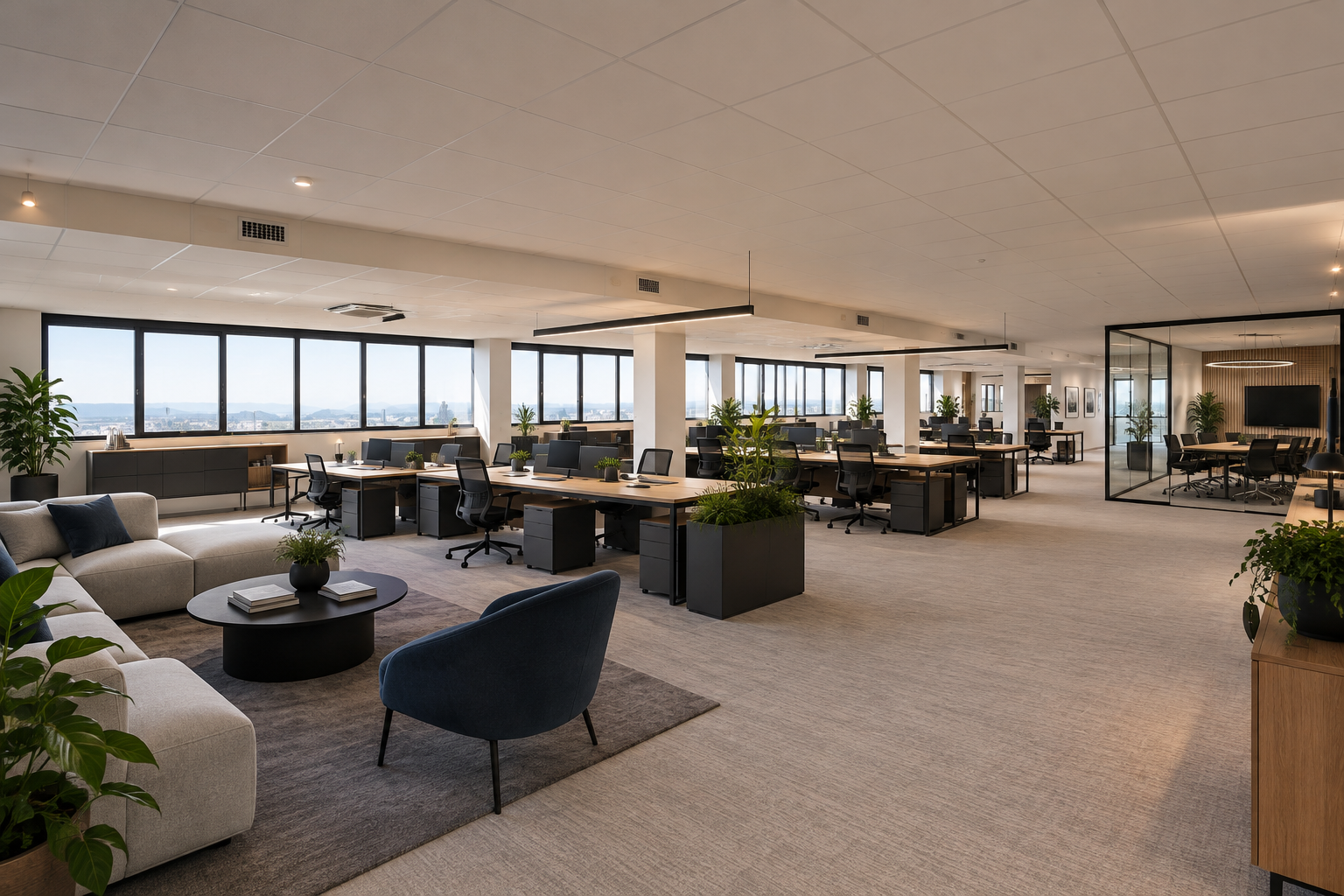 Render di uffici moderni con luce naturale e verde