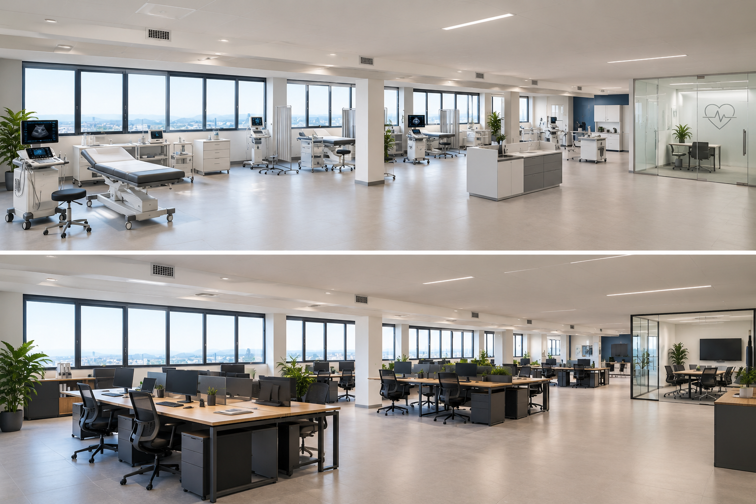 Render di uno spazio versatile con poliambulatorio e uffici moderni